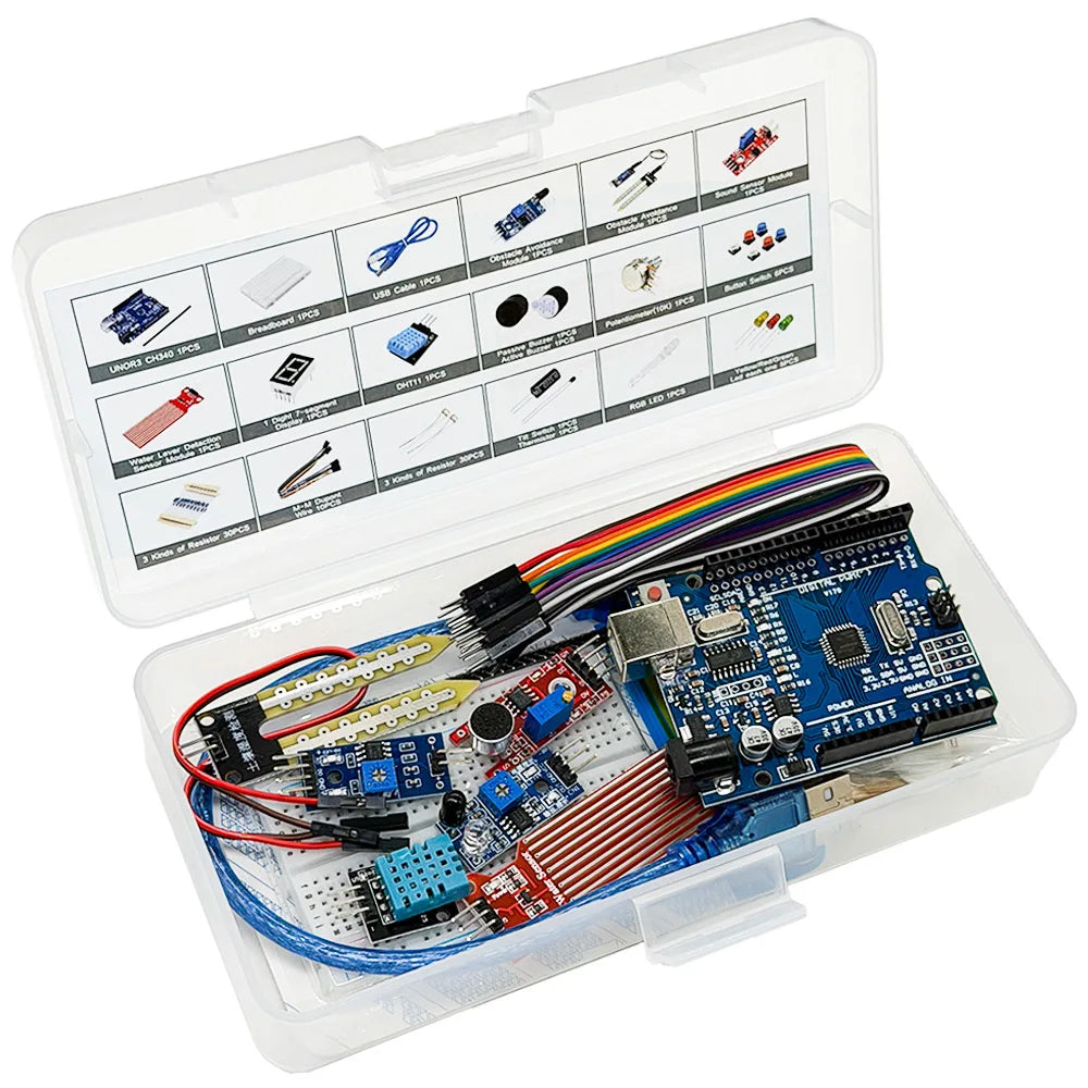 Electronic Basic Starter Kit for arduino Uno R3, Sound sensor, Water level, DHT11, LED,400hole Breadboard, Dupont, Atmelmage328P