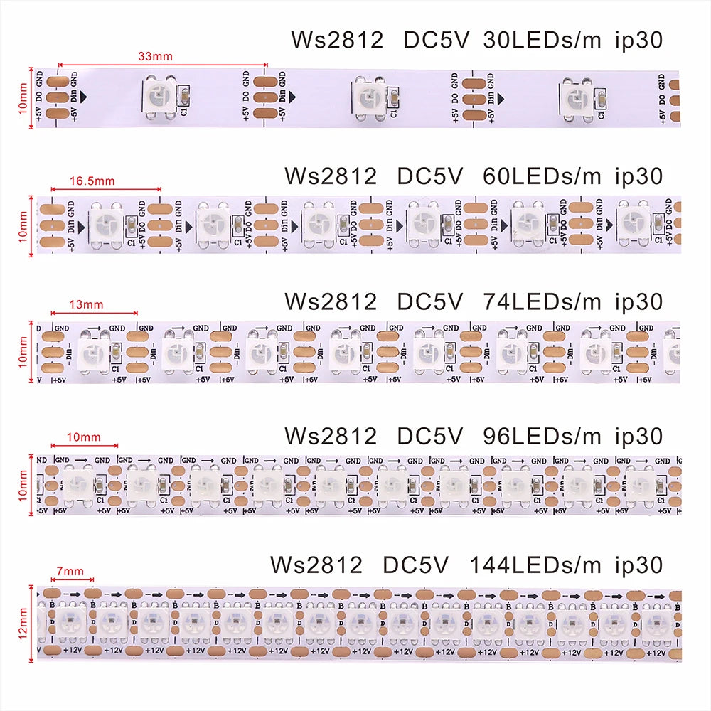 WS2812B WS2811 WS2815 WS2813 RGBIC LED Strip Lights 30/60/144 Pixels Per Meter Individually Addressable Smart Lights 5V/12V LED