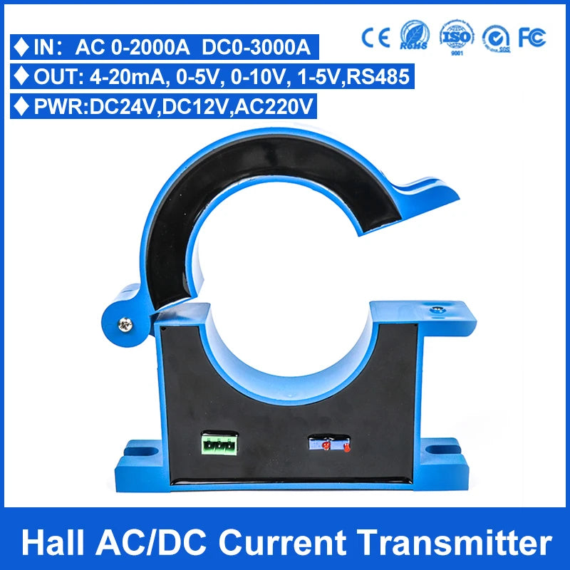 Split hall effect AC/DC current transmitter open loop current transducer sensor 4-20mA output 0-100A, 0-200A, 0-500A, 0-1000A