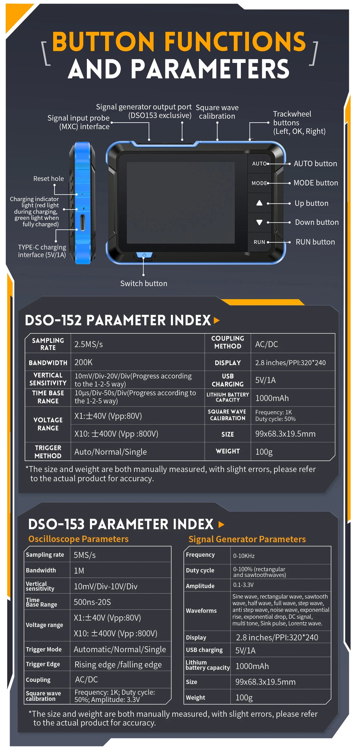 FNIRSI DSO-152 DSO-153 DSO510 Handheld Digital Oscilloscope 200KHz/1MHz/10MHz Bandwidth