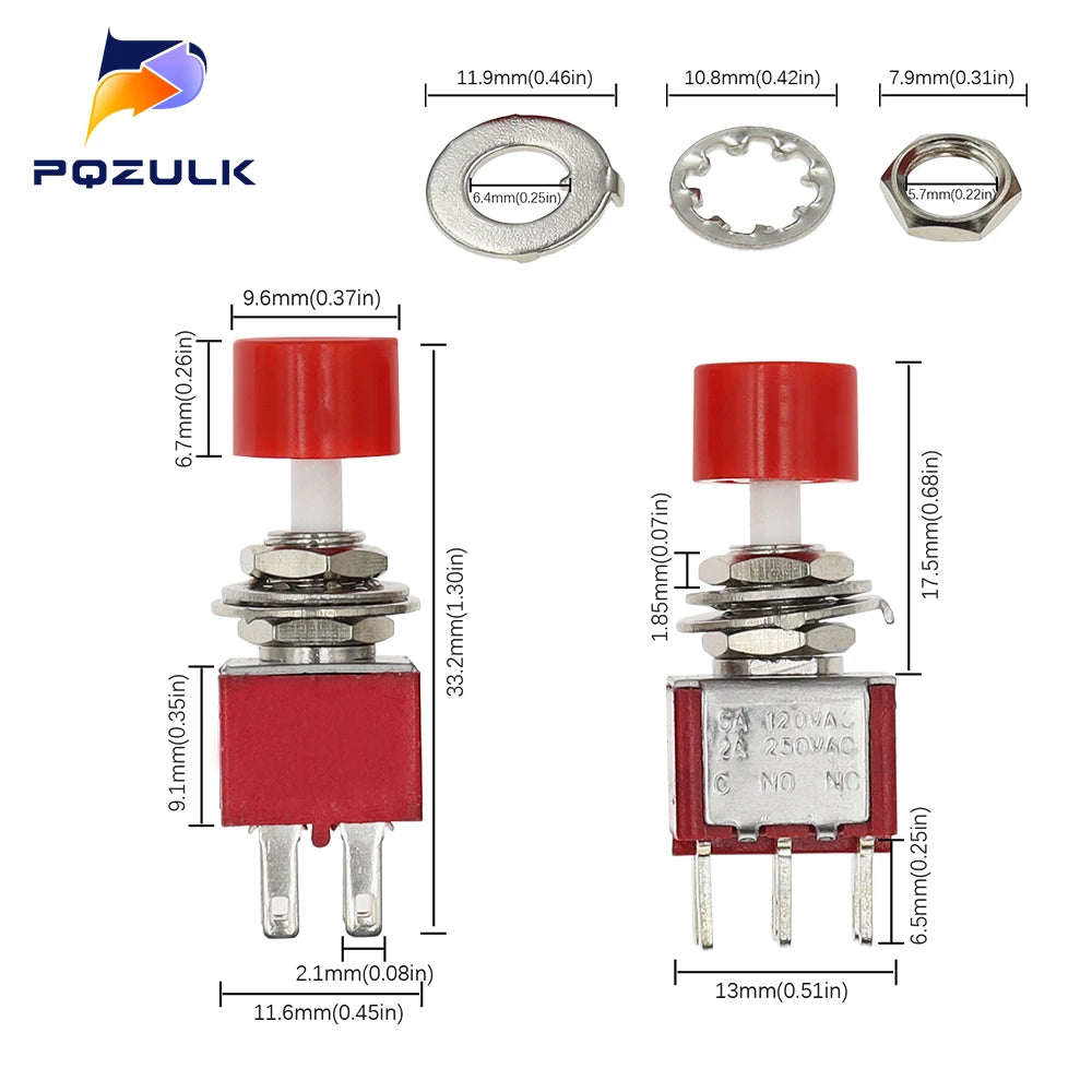 5PCS 10PCS PS-202 Mini 6MM 6Pin SPDT DPDT Momentary Push Button Switch 2A 250VAC 5A 120VAC Toggle Switch With Red Cap