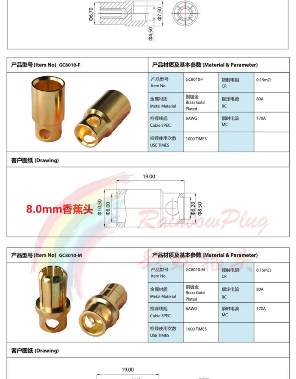 Amass Bullet Banana Plug Connector 3.5mm 4mm 5.5mm 6mm 6.5mm 8mm Male Or Female for RC Motor ESC Battery Part Gold PlatedARE4