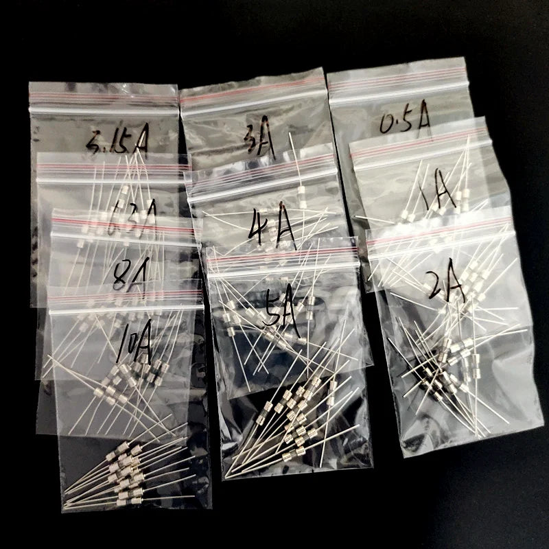 10Kind 100Pcs/lot 3.6*10mm 250V Double Pin Fast blow Glass Fuse Fith Lead Wire Mix Set 0.5A 1A 2A 3A 3.15A 4A 5A 6.3A 8A 10A