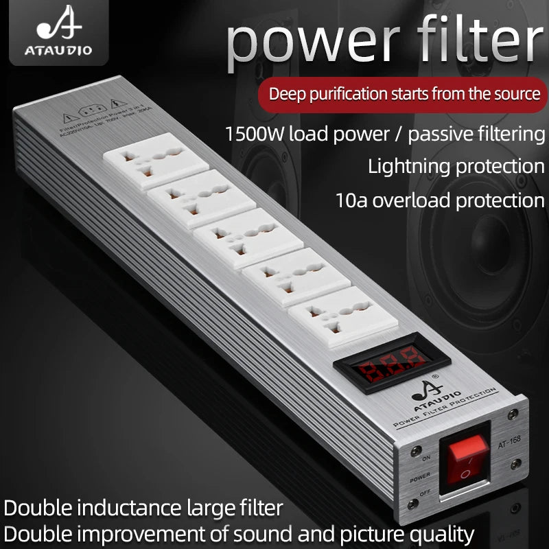 ATAUDIO HIFI Audio Power Filter Noise AC Power Filter Power 1500W 110V-250V  Purifier Surge Protection with EU Universal Outlets