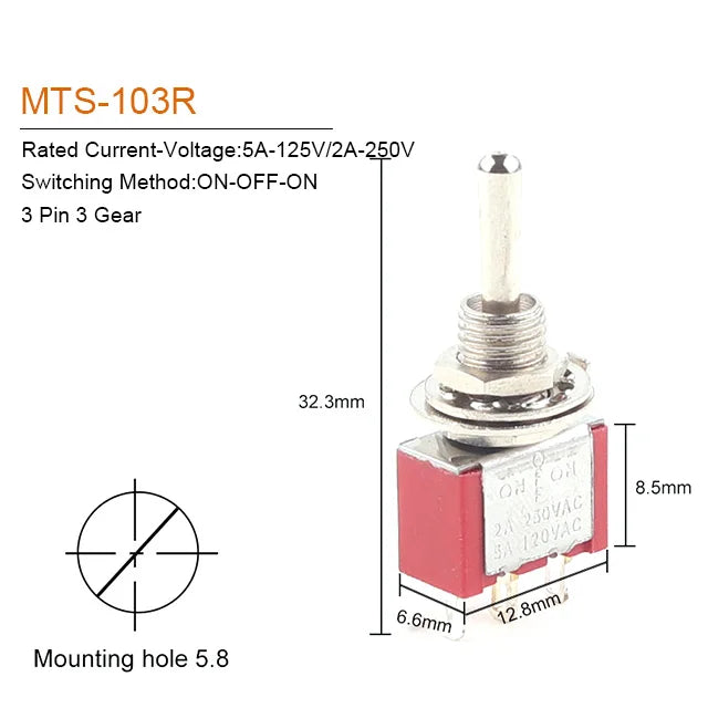 5PCS 6mm Miniature Toggle Switch MTS 102/103/202/203/302/304/402/403 ON-OFF-ON 5A125V 2A250V 3/6/9/12 Pin Mounting Equipment