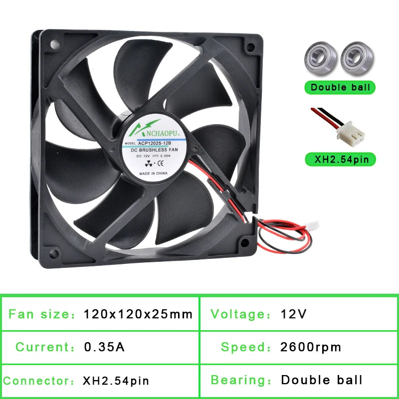 ACP12025 12cm 120mm Fan 120x120x25mm DC5V 12V 24V 2Pin Cooling Fan Suitable for Chassis Power Inverter