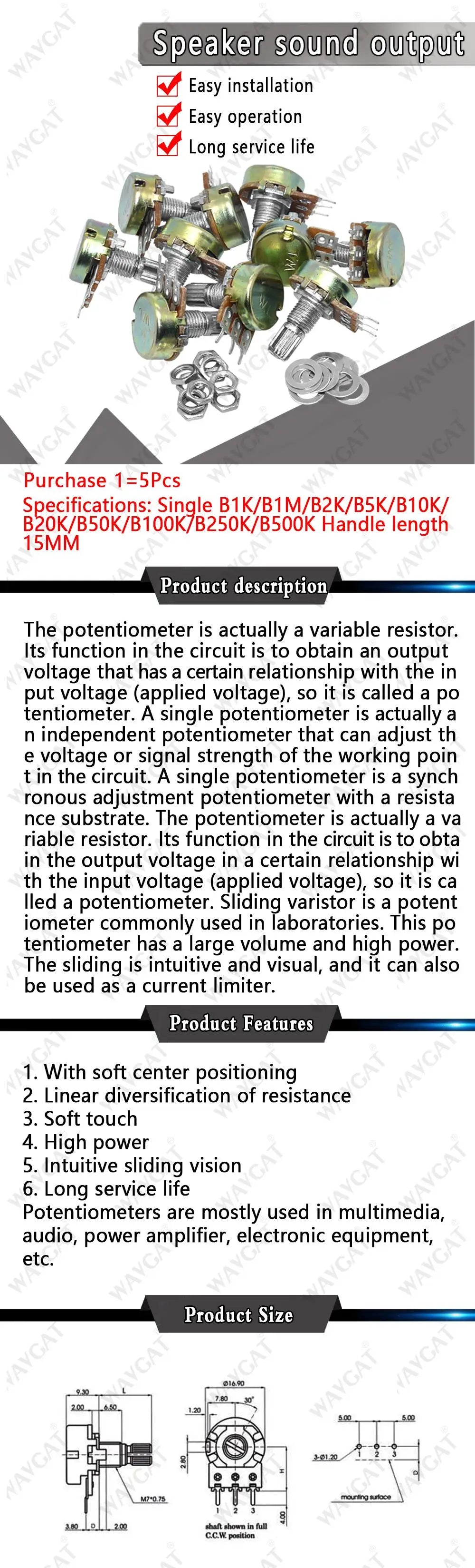10PCS WH148 Linear Potentiometer B1K B2K B5K B10K B20K B50K B100K B250K B500K B1M 15mm Shaft With Nuts Washers 3pin WH148