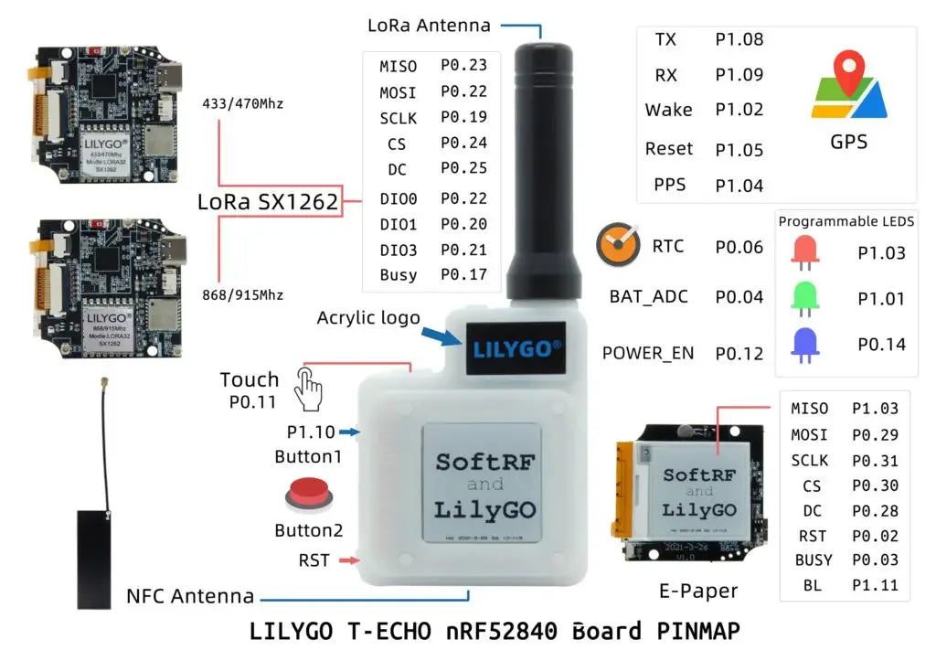 T-Echo NRF52840 SX1262 433 / 868 / 915MHz Module LORA GPS 1.54 E-paper BLE NFC for Arduino
