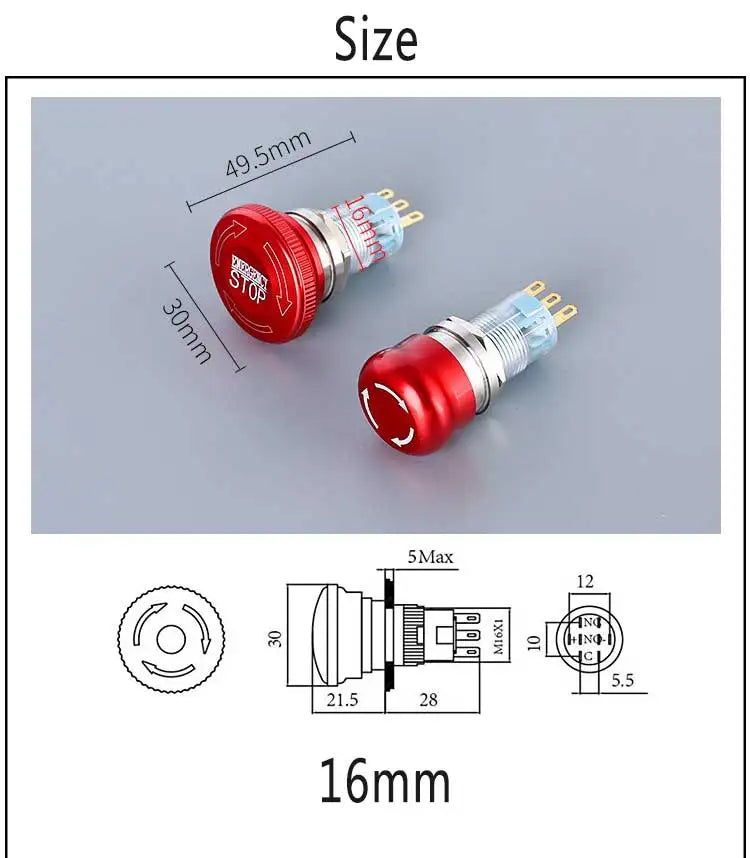 16/19/22mm stainless steel Emergency stop switch Push Button Switch latching 1NO1NC 2NO2NC Car button pin terminal 22JT/L.S.2K2B