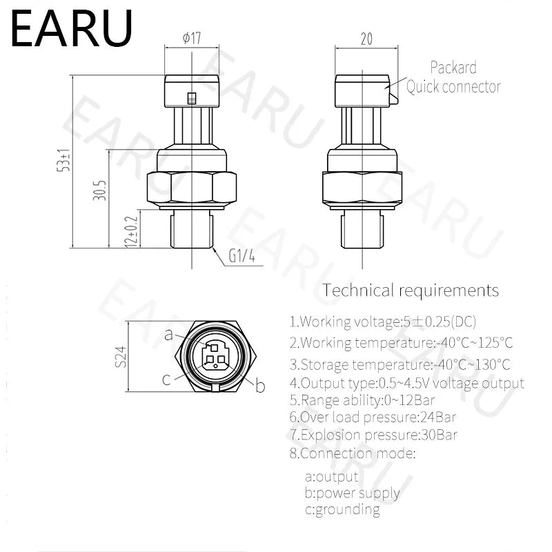 DC 5V G1/4 Pressure Sensor Transmitter Pressure Transducer 1.2 MPa 174 PSI For Air Water Gas Oil Diesel Fuel Car Stainless Steel