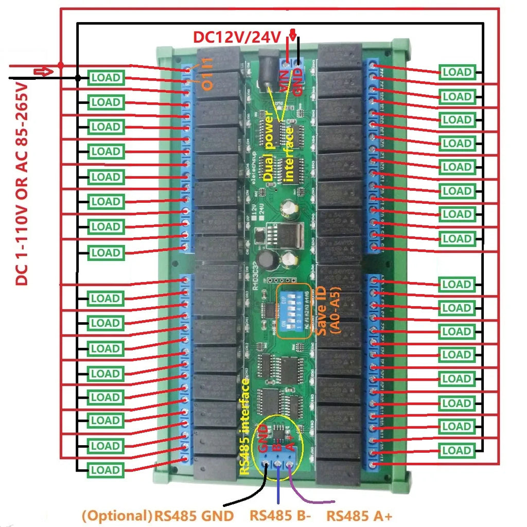 DC 12V 24V 32 Channels Modbus RTU RS485 Bus Relay Module UART Serial Port DIN35 Rail Board for PLC LED Home Automation Door Lock