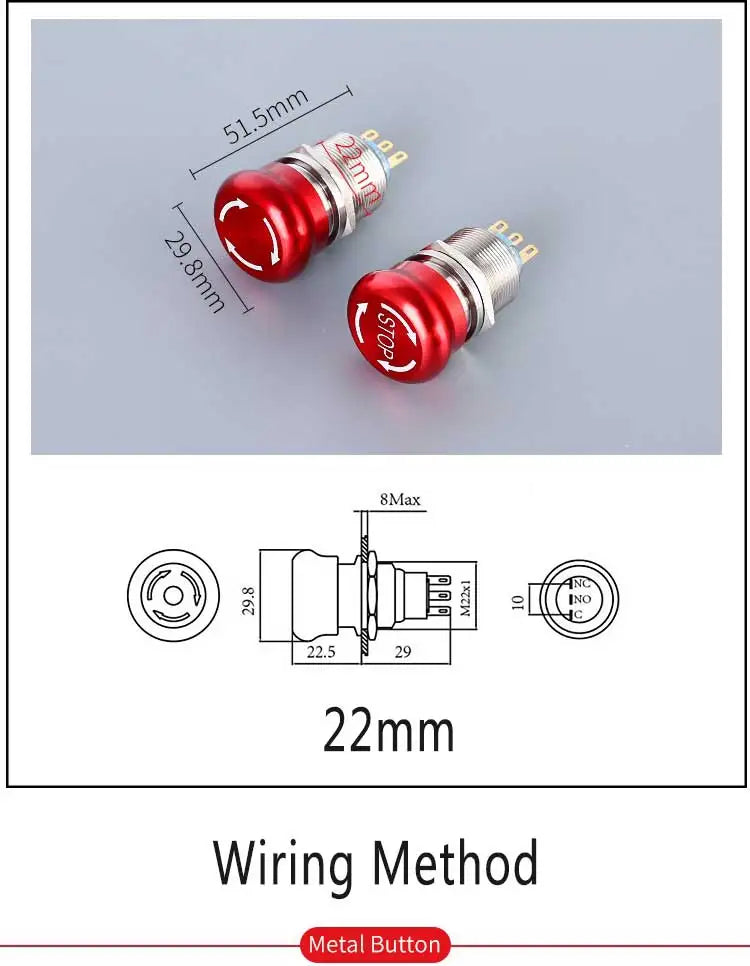 16/19/22mm stainless steel Emergency stop switch Push Button Switch latching 1NO1NC 2NO2NC Car button pin terminal 22JT/L.S.2K2B