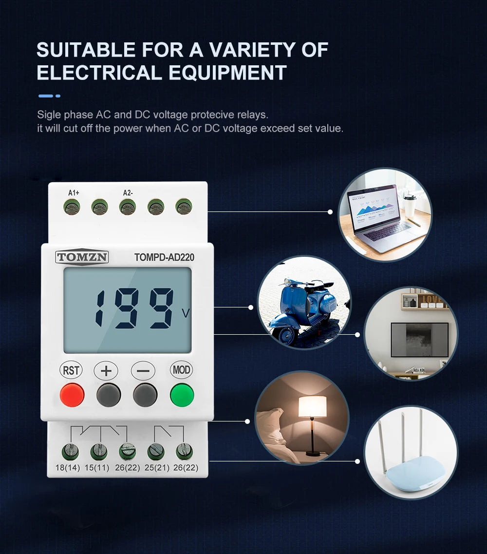 TOMZN AC DC 110V-240V DIN Rail Over and Under Voltage Protection Monitoring Relays Protector