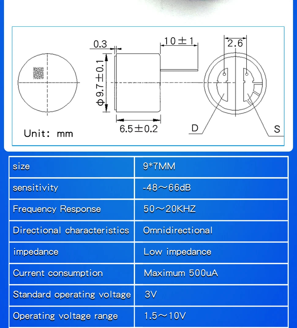 10PCS Condenser pick-up Microphone 9x7mm 9767 9x4.5mm 9745 6x5mm 6050 6x2.2mm 6022 4.5x2.2mm 4522 4x1.5mm 4015 MP3 Accessories