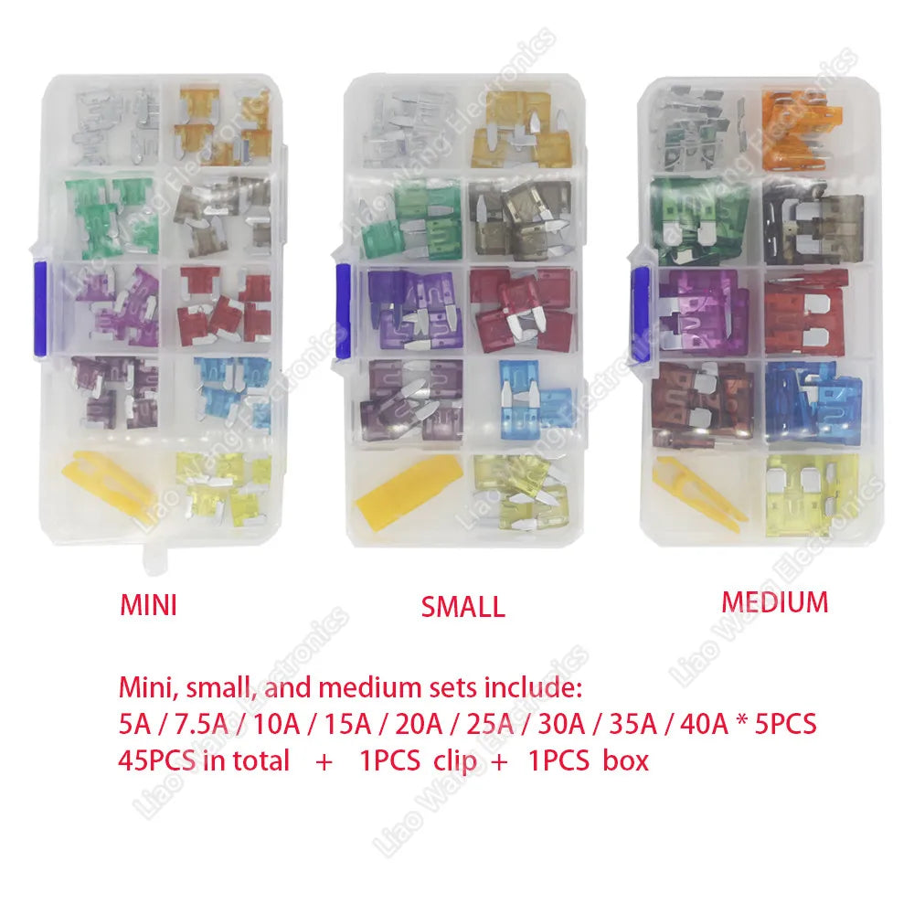 90/45PCS Car Fuse 5/7.5/10/15/20/25/30/35/40A Mini/Small/Medium 24V Automotive Blade Type Zinc Alloy Fuse with Box Clip