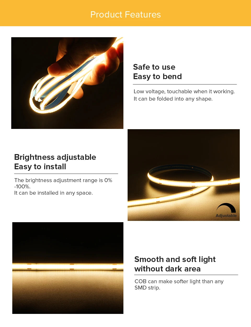 FCOB LED Strip Light 336 480 528 LED High Density Flexible FOB COB Led Light RA90 Warm Nature Cool White Linear Dimmable 12V 24V