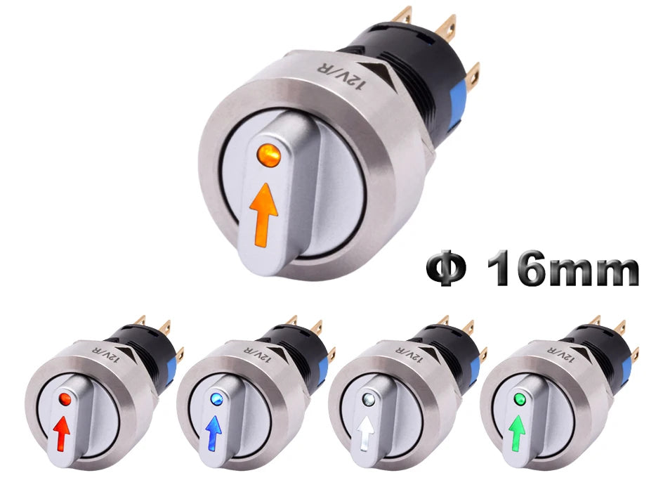 16mm Metal Rotary Selector Switch 2 3 Position On Off 12V Led Light Red Green Push Button Switch 1NO1NC 2NO2NC Latching SPDT
