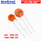 100PCS 50V 100V 104P 104PF In-line Ceramic Chip Capacitor F5MM F7MM Diameter P5 Ceramic Dielectric 0.1UF 100NF