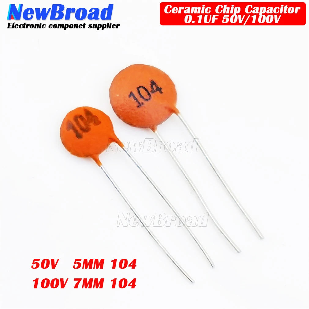 100PCS 50V 100V 104P 104PF In-line Ceramic Chip Capacitor F5MM F7MM Diameter P5 Ceramic Dielectric 0.1UF 100NF