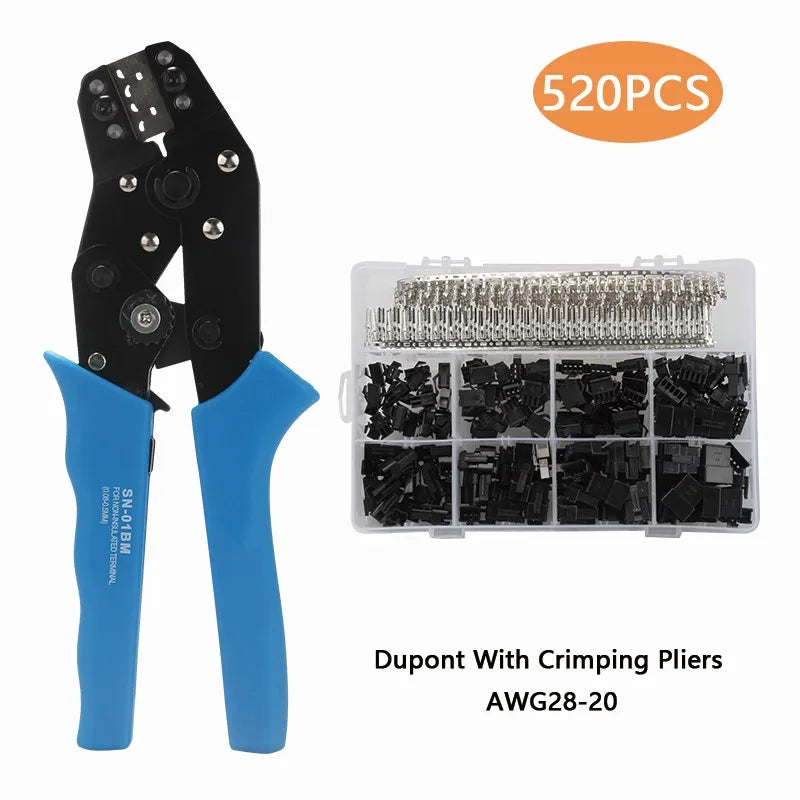 520Pcs Dupont 2.54mm Pin Terminal Connectors With SN-01BM XH2.54 SM Plug Spring Clamp Crimping Tool Crimping Pliers AWG28-20