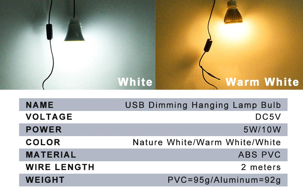 ZHMZH USB LED Bulb Stepless Dimming Brightness Three Color Switch Dimmable Hanging Lamp Light Bulb For Adapter Power Bank 10W