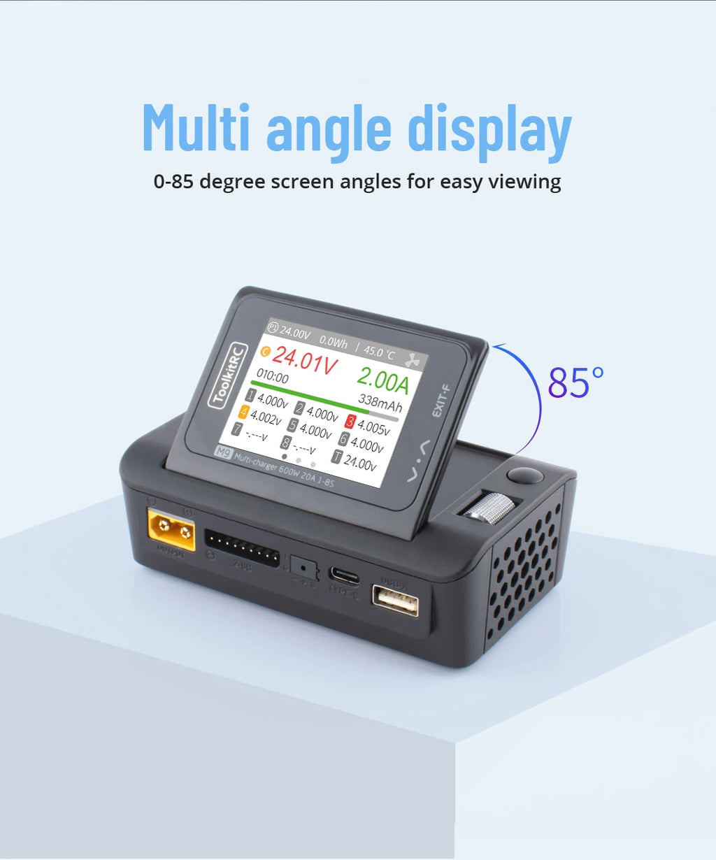 ToolkitRC M9 600W 20A USB Fast Charing DC Smart Charger Adjustable Screen Angle with Audio Function For 1-8S Lipo LiFe Battery