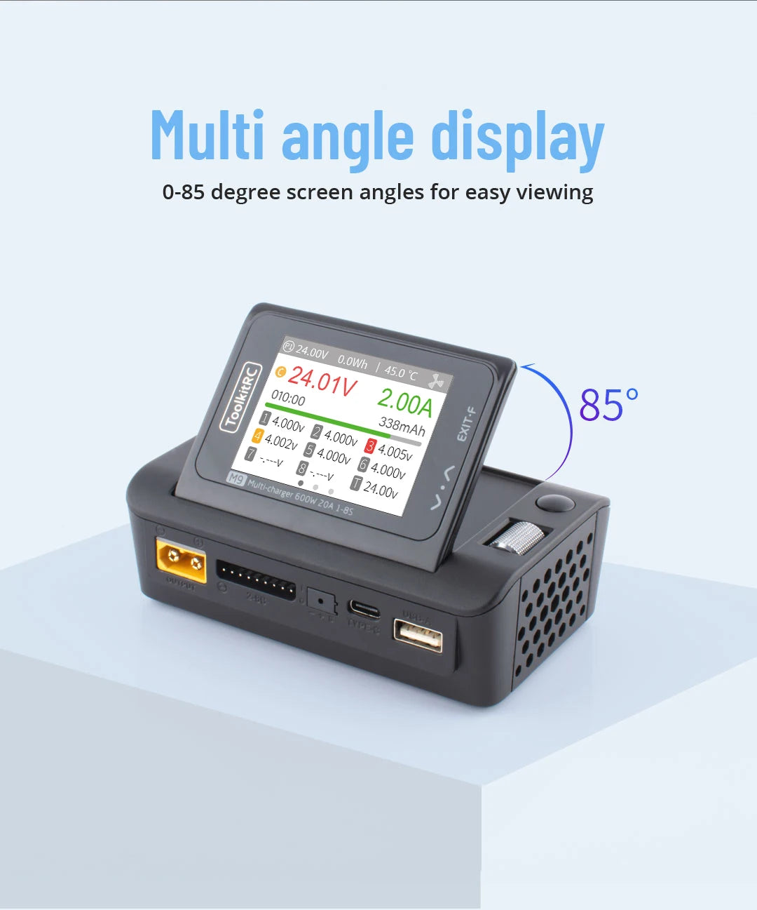 ToolkitRC M9 600W 20A USB Fast Charing DC Smart Charger Adjustable Screen Angle with Audio Function For 1-8S Lipo LiFe Battery