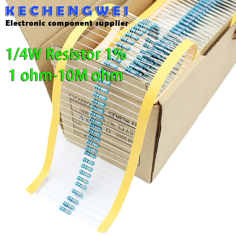 100pcs 1/4W 1R~22M 1% Metal film resistor 100R 220R 1K 1.5K 2.2K 4.7K 10K 22K 47K 100K 100 220 1K5 2K2 4K7 ohm resistance