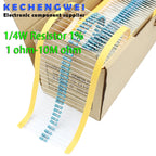 100pcs 1/4W 1R~22M 1% Metal film resistor 100R 220R 1K 1.5K 2.2K 4.7K 10K 22K 47K 100K 100 220 1K5 2K2 4K7 ohm resistance