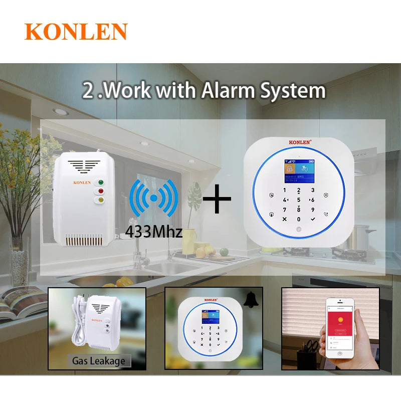 KONLEN LPG Natural Gas Leakage Detector Wireless 433Mhz Sensor With Solenoid Valve