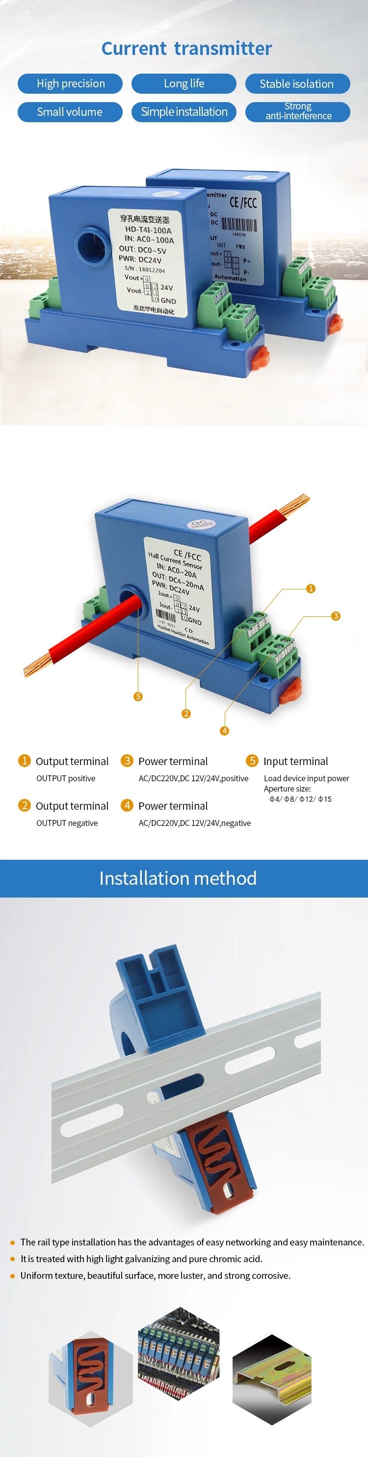 100A input split core ac current transmitter 4-20ma output small hall effect current transducer