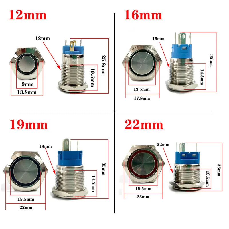 Metal Button Switch 12/16/19/22mm Car Engine Power Switch 3V 5v 12v 24v 220v LDE Light Momentary Self-locking Waterproof Button