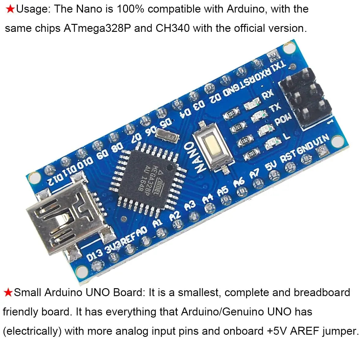 Mini Nano V3.0 ATmega328P Microcontroller Board for Arduino CH340 USB Driver 16Mhz Nano V3.0 ATMEGA328P/168P