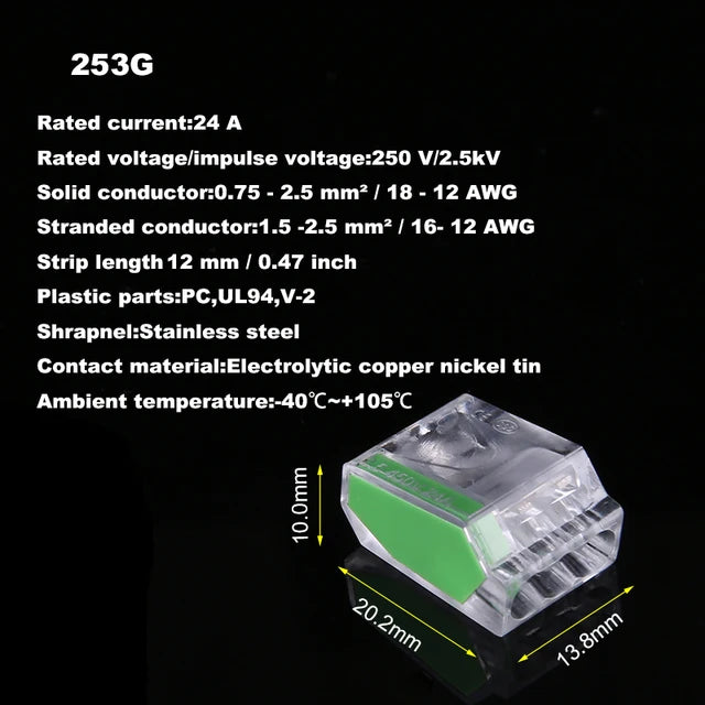 25/50/100Pcs 252/253/254/255 Fast Push-in Conductor Wiring Connector Terminal Block Compact Wire Connector 2/3/4/5Pin AWG18-12