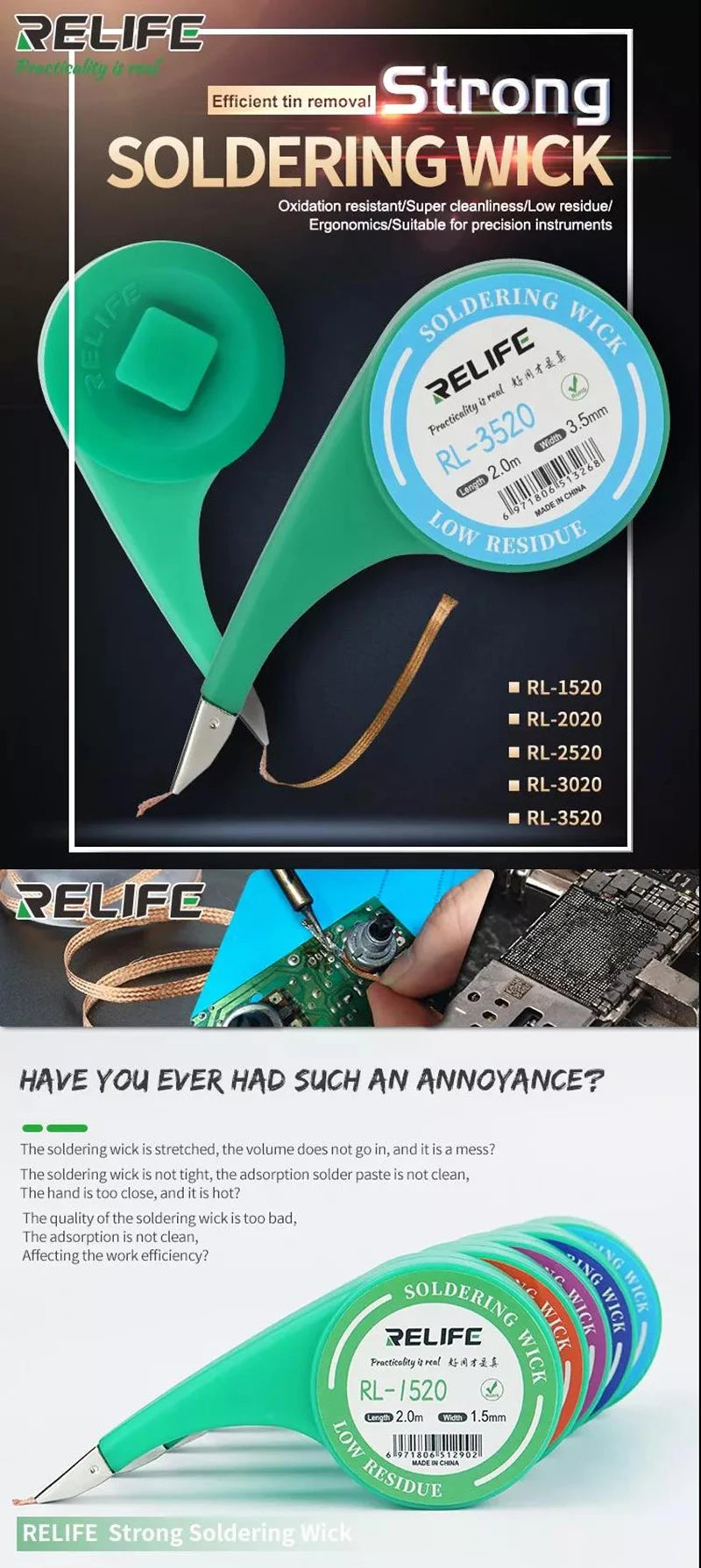 RELIFE Desoldering Braid 1.5/2.0/2.5/3.0/3.5mm Width 2M Length Suction Tin Solder Remover Wick Wire BGA Soldering Repair Tools