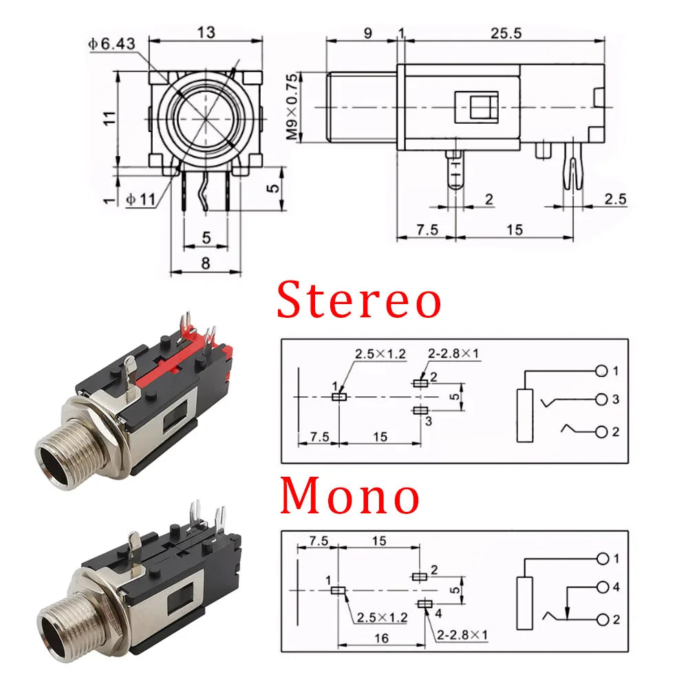 2Pcs 1/4Inch 6.35mm Connector 6.3mm 3 Pin Audio Stereo/Mono Phone Female Jack Headphone Socket Thread Lock Panel Mount Connector