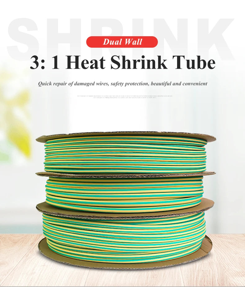 1M 3:1 Heat Shrink Tube with Glue Adhesive Lined  Dual Wall Tubing Sleeve Wrap Wire Cable Kit Yellow Green Dual Wall