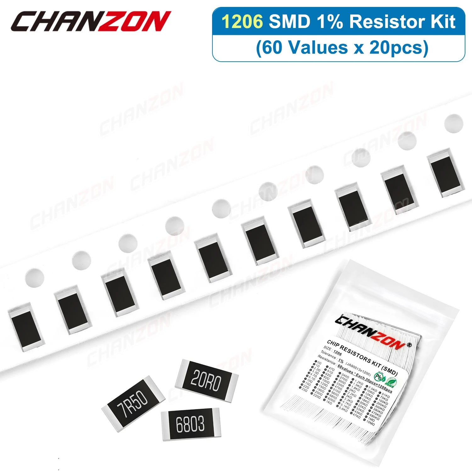 1200Pcs/lot 60 Values 1206 1% High Precision SMD Resistor Kit 0 1 120 200 470 1K 4.7K 20K 33K Ohm 1/4W Resistance Assortment Set