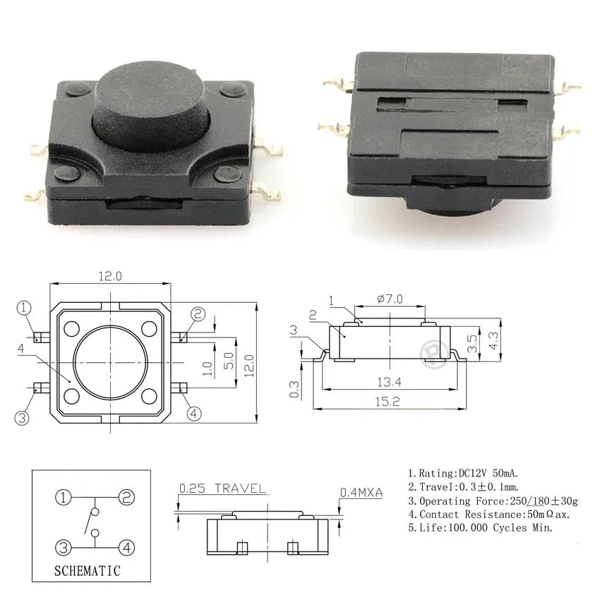 10PCS 12*12*5MM Tact Switch Push Button Switch 12V Copper 4PIN DIP Micro Waterproof Switch Button for TV Toys Home Use Button