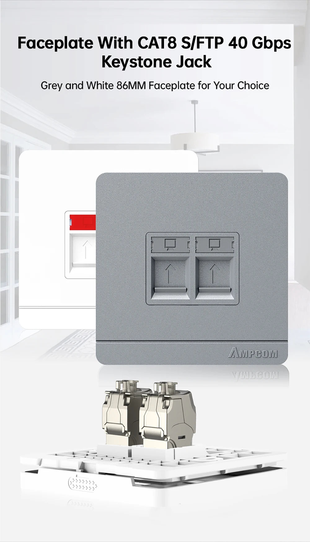 AMPCOM Wall Faceplate with CAT8 40Gbps STP Keystone Jack, RJ45 Self-Locking Zinc Alloy Module With 86mm Wall Plate