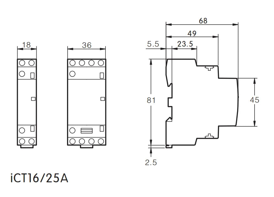Modular Household Contactor 220V ICT 2P 16A 20A 25A 2NC 2NO 1NO 1NC 50/60Hz