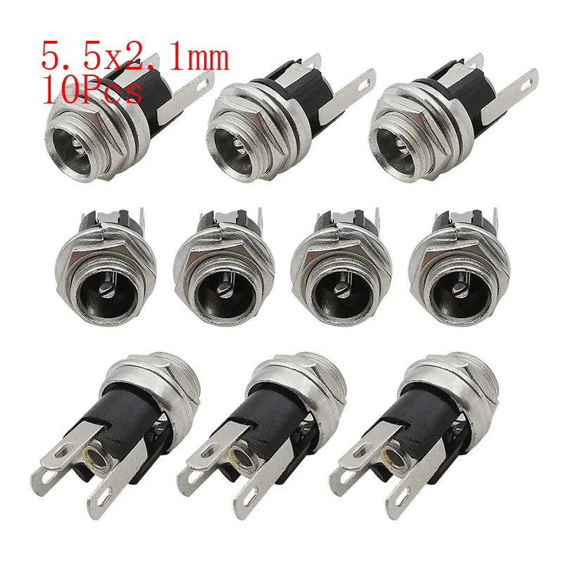 10Pcs DC Power Jack Connectors 5.5 x 2.1mm DC Plug Male Female Socket Soldering Type Nut Panel Mount DC Power Adapter Connector