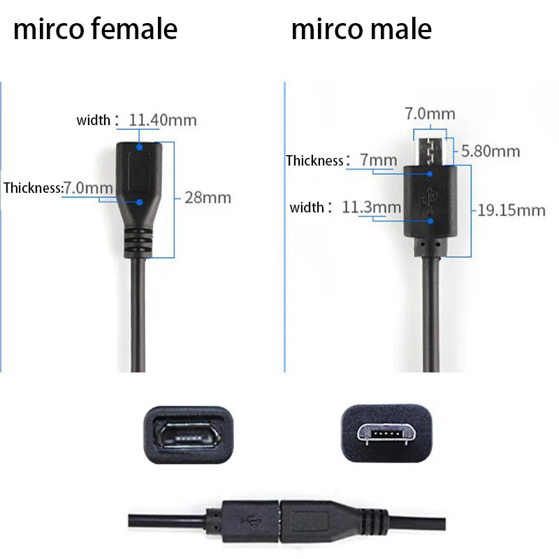 1pcs Micro USB 2.0 Female Jack Android Interface 4 Core 2 Core Male Female Power Data Charge Cable Cord Connector 30CM Cable