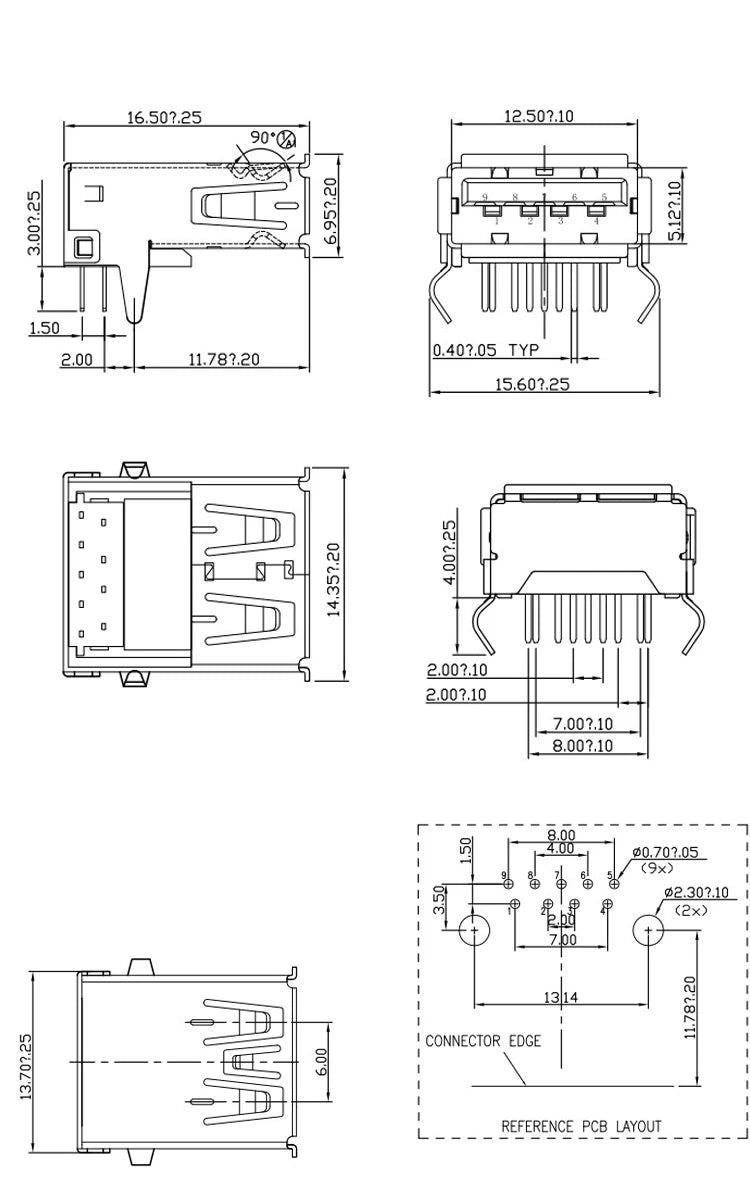 5Pcs USB Connectors 3.0 A Type Female AF Type 90 Degree Side Insertion 180 Degree High Speed Interface MICRO Connector