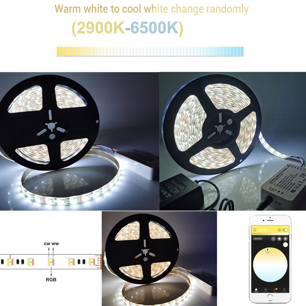 Tuya Wifi 5in1 LED Strip Lights Kit DC12V 5050 RGBCCT RGB+W+WW APP/Voice/Remote Control Smartlife for Alexa Google Home 1M-5M
