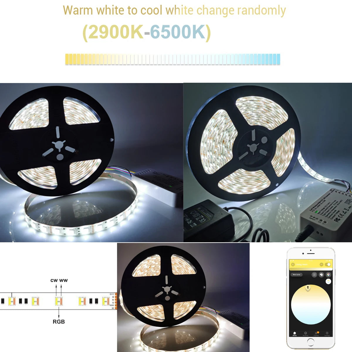 Tuya Wifi 5in1 LED Strip Lights Kit DC12V 5050 RGBCCT RGB+W+WW APP/Voice/Remote Control Smartlife for Alexa Google Home 1M-5M