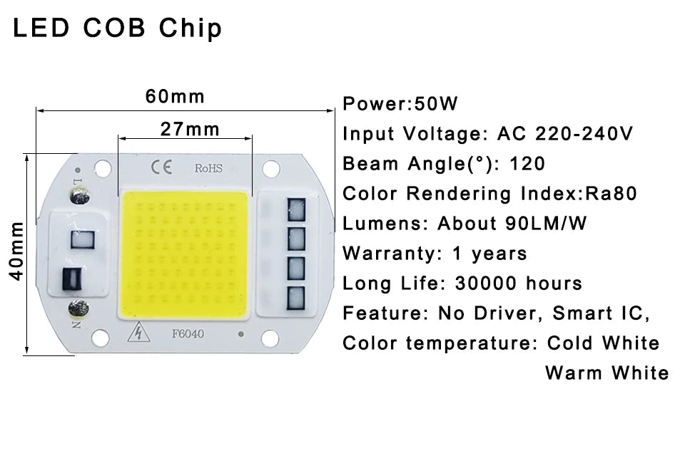 COB LED Lamp Chip AC 220V LED Bulb 10W 20W 30W 50W IP65 High Power Smart IC DIY Flood light Bulb Spotlight Outdoor Chip Lamp