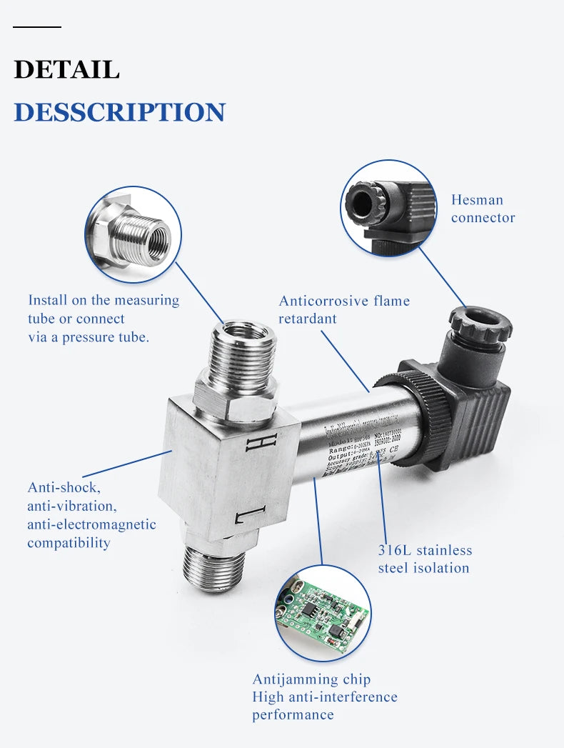 4-20mA Smart Water Differential Pressure Sensor 0-0.05Mpa Full Stainless Steel G 1/2"