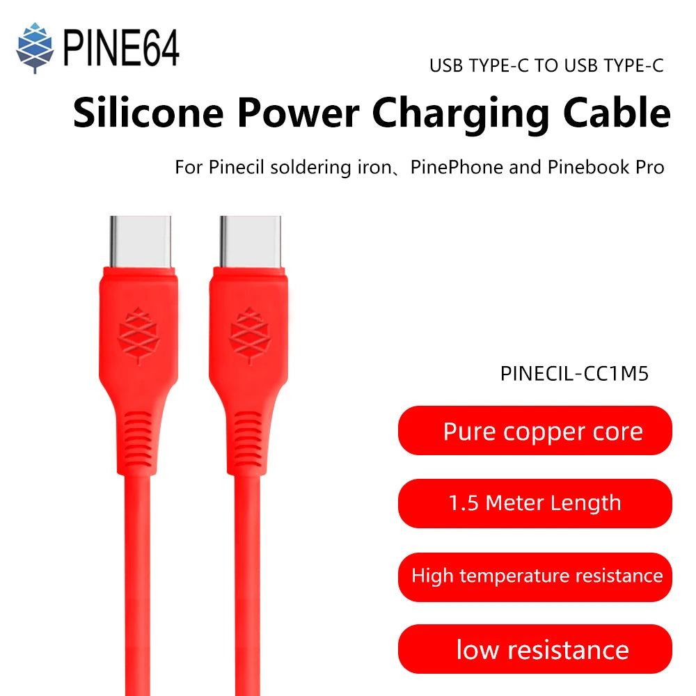 Pine64 1.5M USB Type-C to Type C Silicone Power Charging Cable For Pinecil Electric Soldering Iron PinePhone and Pinebook Pro