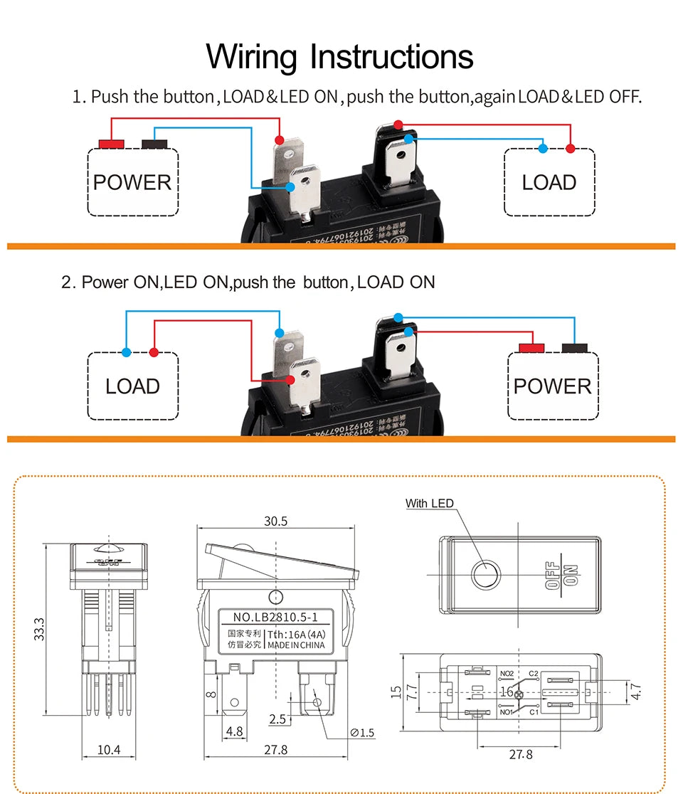 LANBOO High-End Quality Latching  Rocker Switch 20A 16Amp Current Push Button 2no2nc with LED 3-8V/9-24V/220V